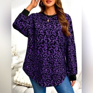 SHEIN 1X Emery Rose purple leopard curved hem sweatshirt